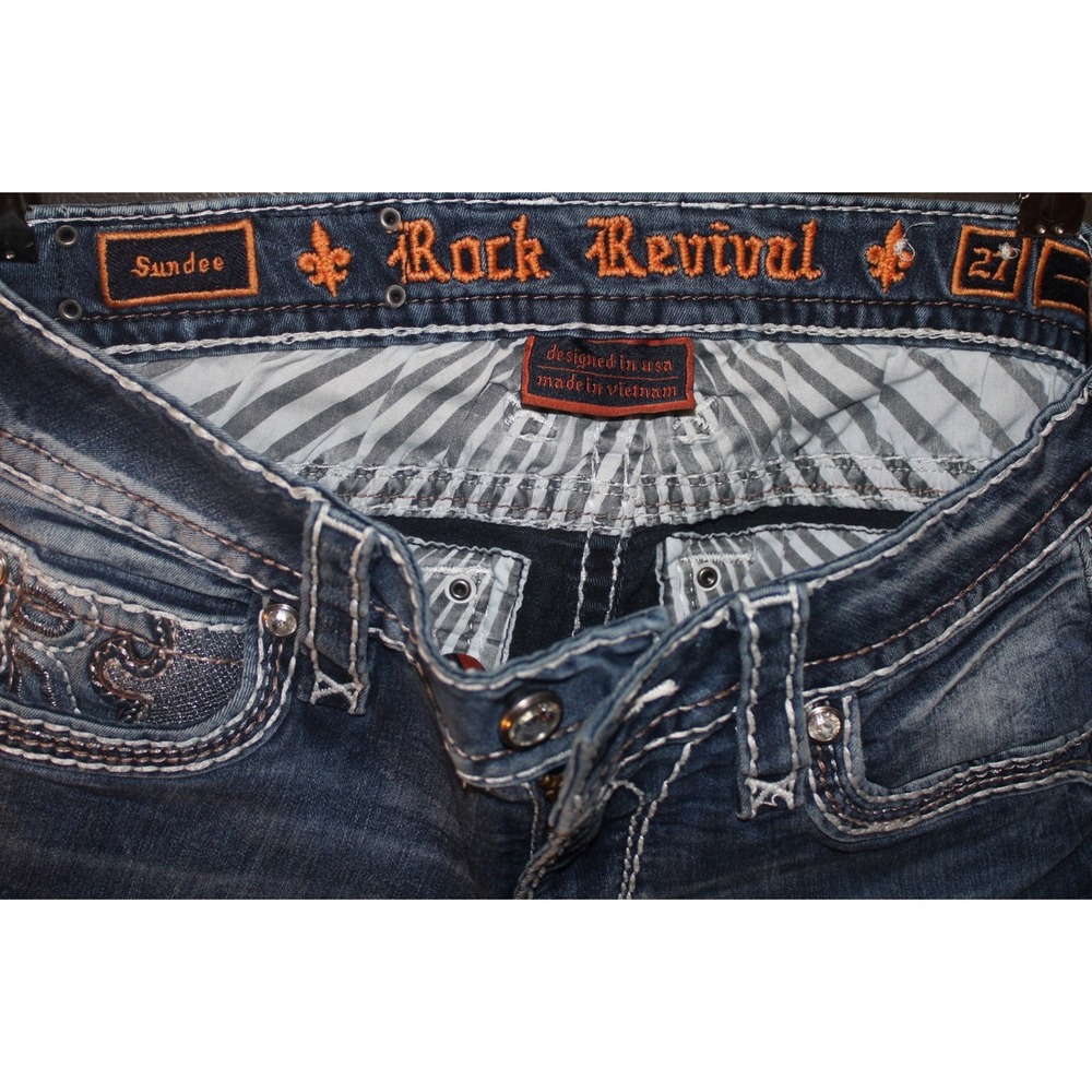 Rock Revival Sundee Mid-Rise Skinny Jeans Blue Embellished Flap Pocket Size 27 - Picture 4 of 5